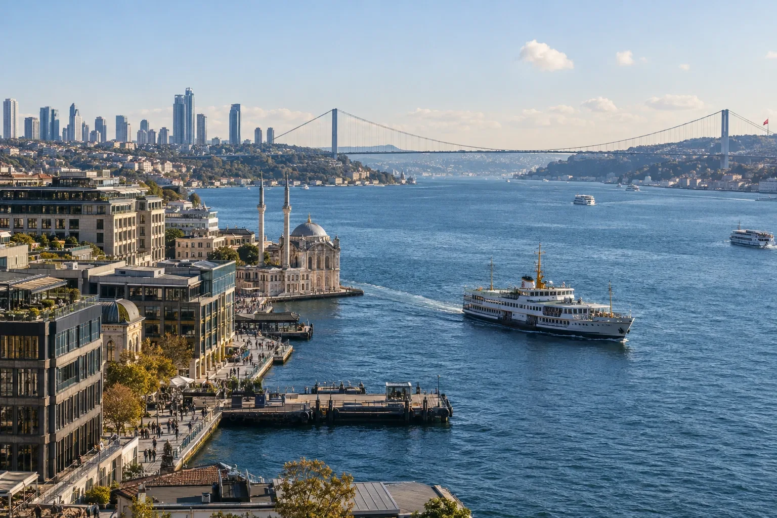 The Bosphorus, Ortaköy and the bridge connecting two continents in Istanbul
